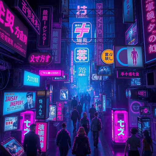 The image depicts a bustling city street at night with neon signs and advertisements illuminating the scene. The perspective is from ground level, looking down the length of the street where numerous people can be seen walking in various directions. The colors used are predominantly blue, pink, and purple, creating a vibrant and energetic atmosphere.