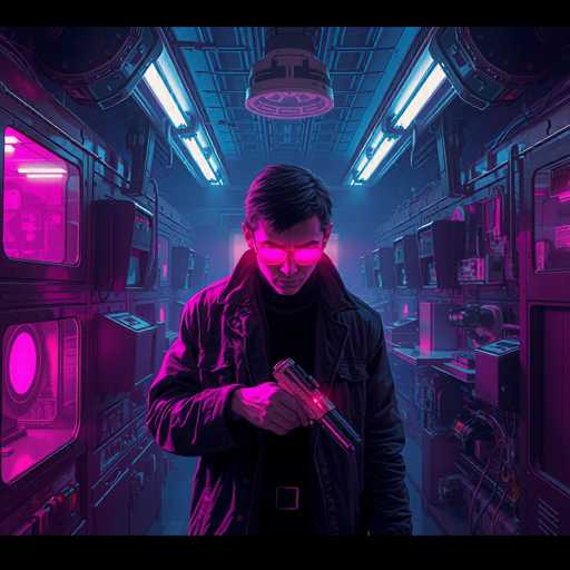 The image depicts a scene reminiscent of a video game, featuring a man standing in a dimly lit room. The room is illuminated by a combination of blue and pink lights, creating a moody atmosphere. The man, who has short brown hair and is wearing a black turtleneck, black jacket, and black pants, is holding a gun pointed towards the viewer. His eyes are obscured by pink sunglasses, adding to his mysterious appearance. The gun he holds has a distinctive red light on its side. Surrounding him are various pieces of machinery and equipment, with some panels emitting pink light. The ceiling is adorned with blue lights and a central fan, while the walls are lined with shelves and cabinets filled with additional machinery. The overall setting suggests a high-tech, possibly underground or secret laboratory environment.