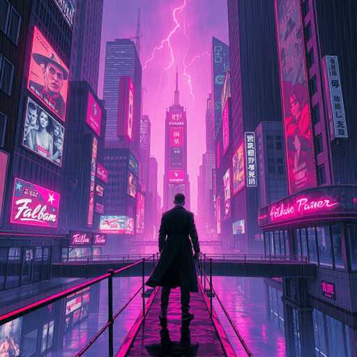 The image depicts a vibrant, futuristic cityscape reminiscent of a cyberpunk version of Times Square. Dominated by towering skyscrapers adorned with neon signs and billboards, the scene is bathed in a striking pinkish-purple hue. A man, dressed in a long trench coat and boots, stands on a narrow walkway or bridge, gazing out at the bustling metropolis. The wet streets reflect the neon lights, enhancing the otherworldly atmosphere. Notable details include a prominent building with a large spire at the center, surrounded by various advertisements, including one featuring a man in a cowboy hat and another with a woman. The sky above is dark, punctuated by a dramatic lightning bolt striking the middle of the city, adding to the intense, dynamic feel of the scene.