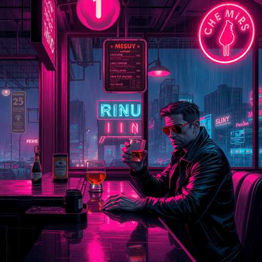 A neon-lit, rain-soaked bar scene dominates the image. A man in a black leather jacket sits at a counter, holding a glass of amber liquid and looking thoughtfully into the distance. The bar is bathed in vibrant pink neon lights, with a menu board displaying various drinks and food options. The overall style is retro-futuristic, reminiscent of a cyberpunk aesthetic with its bold neon signs and dark atmosphere. The rain streaks across the scene, adding to the moody ambiance.