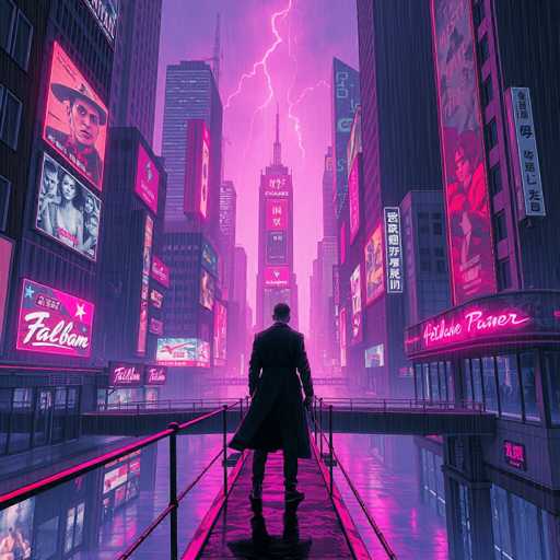 The image depicts a man standing on a bridge overlooking a cityscape at night. The city is illuminated by neon signs and billboards, creating a vibrant and dynamic scene. The man appears to be in the foreground of the photo, with his back facing the camera.