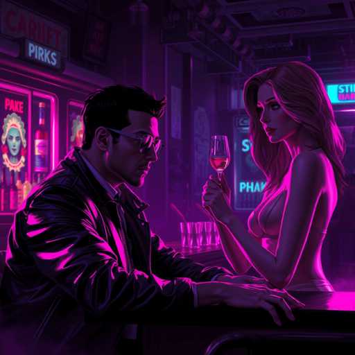 A neon-lit, retro bar scene unfolds with a stylish man and woman in a dimly lit, vibrant purple setting. The main focus is on the couple at a bar counter, their faces illuminated by the neon glow. The woman holds a glass of pink liquid, while the man looks intently at her. The art style is digital painting with a strong emphasis on neon lighting and a slightly stylized, retro aesthetic.