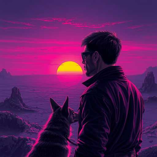 A lone figure, silhouetted against a vibrant, purple-pink sunset in a desolate, alien landscape, gazes at the horizon with a dog. The stark, futuristic style emphasizes a sense of solitude and otherworldly beauty.