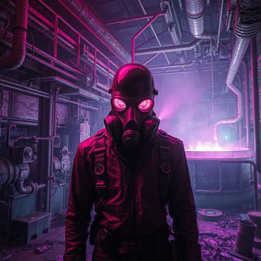 The image depicts a person wearing a gas mask and a leather jacket standing in front of a large industrial machine with pipes and valves on the left side of the frame. The background is dark and filled with pipes and machinery, creating an industrial atmosphere.