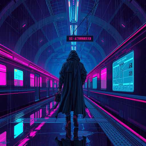 The image depicts a futuristic, cyberpunk-style subway station bathed in neon lights. The scene is dominated by a long, empty platform with two trains on either side, their windows glowing with pink neon light. The station's architecture features a domed ceiling with a central column adorned with blue and pink neon lights. A sign with Asian characters and the number "00" hangs prominently from the ceiling. In the center of the platform, a lone figure stands with their back to the viewer. They are dressed in a long black trench coat, black pants, and red boots, carrying a black bag with red trim. The platform itself is wet, reflecting the neon lights and adding to the moody atmosphere. The overall color palette is a striking mix of black, pink, and blue, enhancing the futuristic and somewhat eerie ambiance of the scene.