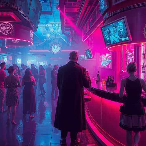The image depicts a lively bar scene with people standing around and watching the television screens mounted on the walls. The bar is bathed in pink and blue lights that create an energetic atmosphere. A man wearing a long coat stands at the bar, holding a drink in his hand. In front of him are several bottles of alcohol, suggesting a social gathering or celebration.