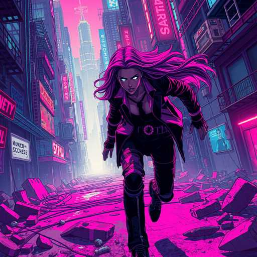 In this vibrant, cartoon-style image, a striking female character is depicted running down a street at night. She has long, flowing hair that transitions from purple to pink, and her eyes are a mesmerizing white with black pupils. Her attire consists of a black leather jacket, black pants, and black boots, complemented by a black tie around her neck. A notable feature is the circular emblem on her belt, which is pink on the inside and black on the outside. The street she runs on is littered with debris, including bricks and wires, and is illuminated by a pink hue. Surrounding her are tall buildings adorned with neon signs, some of which display Asian characters, adding to the urban, cyberpunk aesthetic. The sky above is a vivid pink, enhancing the surreal and dynamic atmosphere of the scene.