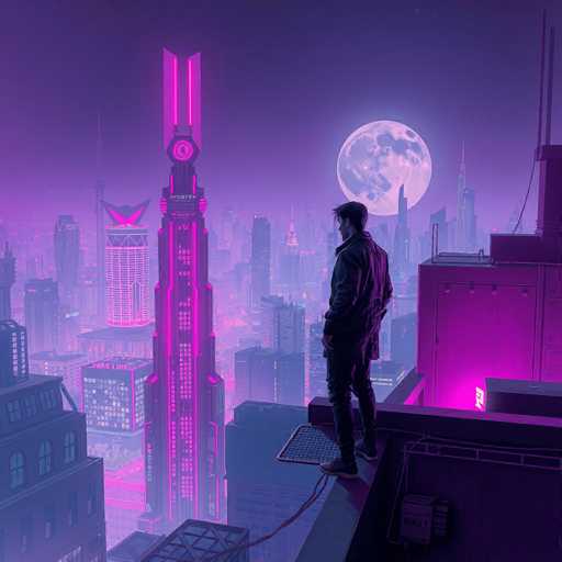 In this captivating nighttime cityscape, a man stands on the edge of a rooftop, gazing out over a sprawling metropolis. The scene is bathed in a mesmerizing purple hue, with the moon casting a soft glow from the right side of the image. Dominating the skyline is a towering skyscraper, its top adorned with two glowing pink lines and a clock. The building's facade is illuminated by striking pink lights, creating a vivid contrast against the dark sky. The man, dressed in a black jacket and pants, has short hair and is positioned on a metal grate, with a rope extending from his waist to the building's edge. The city below is a tapestry of illuminated windows and towering structures, all bathed in the same enchanting purple light. The overall atmosphere is one of serene contemplation, as the man stands alone amidst the urban expanse.