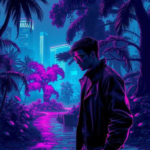 The image portrays a young man standing on a stone pathway in a lush, tropical garden. He is dressed in a black leather jacket and sports sunglasses, with short brown hair. The scene is bathed in a surreal purple light, giving the entire landscape a dreamlike quality. Surrounding him are various tropical plants, including palm trees and other exotic flora. In the background, a city skyline with illuminated skyscrapers is visible, adding a modern contrast to the natural setting. The overall atmosphere is both mysterious and serene, with the purple light casting an ethereal glow over the entire scene.