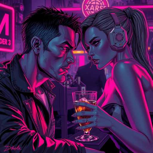 The image depicts a close-up of two individuals in a dimly lit, neon-lit bar setting. A man and a woman are seated at a table, facing each other with intense eye contact. The man is on the left, wearing a black leather jacket, while the woman is on the right, sporting a dark top and headphones. They both hold glasses filled with amber-colored drinks. The background is vibrant with neon signs and a blurred figure of another person, creating a dynamic and intimate atmosphere. The art style is digital illustration with a strong emphasis on bold lines, vibrant neon colors (primarily pink and blue), and dramatic lighting.