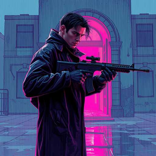 The image depicts a scene reminiscent of a comic book, featuring a man clad in a long black trench coat and black gloves. He is holding a machine gun with a scope, pointed towards the right side of the frame. The man has short black hair and a serious expression, with his eyes directed downward. The setting appears to be a rainy night, as evidenced by the wet ground and the rain falling from the sky. Behind him stands a building with a large arched doorway emitting a pink light, contrasting with the predominantly blue and gray tones of the rest of the scene. The overall atmosphere is dark and moody, with the man's stance and the illuminated doorway adding a sense of tension and intrigue.