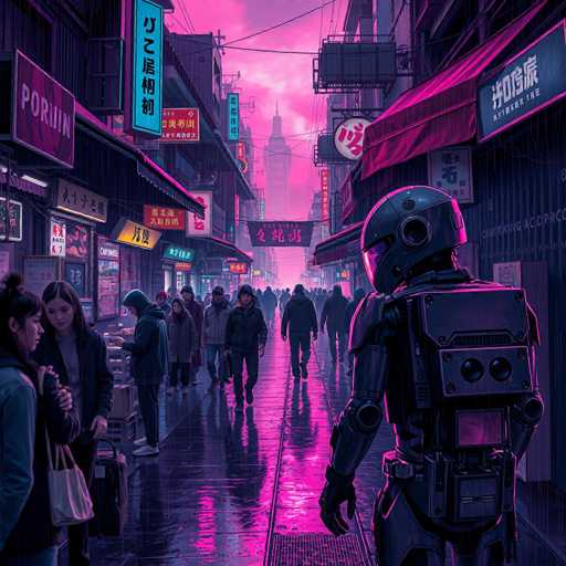 A neon-lit, rain-slicked street in a bustling futuristic city dominates the image. A lone, sleek black robot stands in the foreground, facing the viewer with a slightly tilted head. Several human figures are visible in the background, browsing shops and walking along the wet pavement. The overall style is a vibrant blend of cyberpunk aesthetics with a focus on neon lighting and reflections, creating a visually immersive and slightly melancholic atmosphere.