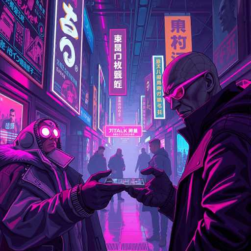 The image depicts a vibrant, neon-lit futuristic marketplace in a cyberpunk setting. Two figures, clad in futuristic clothing and goggles, are the central focus, engaged in a transaction involving a glowing smartphone. The background is filled with towering neon signs and bustling crowds, creating a sense of depth and immersive atmosphere. The art style is highly stylized, with bold lines, vibrant color palettes (predominantly pink and purple), and a focus on dramatic lighting.