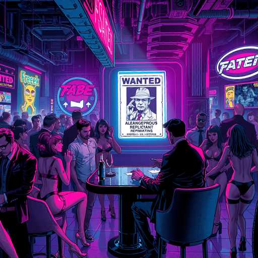 A vibrant, neon-lit nightclub scene unfolds with a group of people gathered around tables. A prominent "WANTED" poster featuring a stern-looking man hangs in the background, suggesting a futuristic or cyberpunk setting. The overall style is detailed and stylized, with bold neon signs and figures in sharp outlines, creating a visually striking atmosphere.