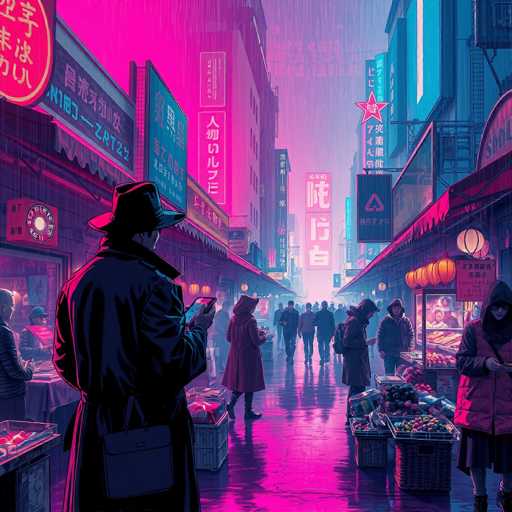 This image depicts a bustling Asian marketplace, likely set in Japan or China, characterized by a vibrant pink hue that permeates the entire scene. The market is filled with numerous stalls and shops, each adorned with signs written in an Asian script, adding to the authenticity and cultural richness of the setting. The ground is wet, suggesting recent rainfall, which adds a reflective quality to the pink-tinted environment. 

In the foreground, a man dressed in a black trench coat and a hat stands out, engrossed in his phone. He carries a satchel slung over his shoulder, adding to his enigmatic presence. Surrounding him are various people, including a woman in a pink jacket and another in a red jacket, all contributing to the lively atmosphere of the market. The scene is a blend of traditional and modern elements, with the pink hue casting a surreal glow over the entire marketplace, making it both visually striking and atmospheric.