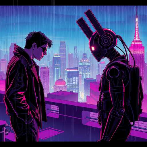 The image depicts a rain-soaked cityscape at night, dominated by two figures: a young man and a robot. The man stands with his head bowed, looking down at the robot, while the robot's head is tilted upwards. The scene is rendered in a vibrant, stylized aesthetic with neon pink and purple hues dominating the color palette. The overall style is reminiscent of a comic book illustration, emphasizing dynamic lines and dramatic lighting to convey a sense of mystery and perhaps melancholy.