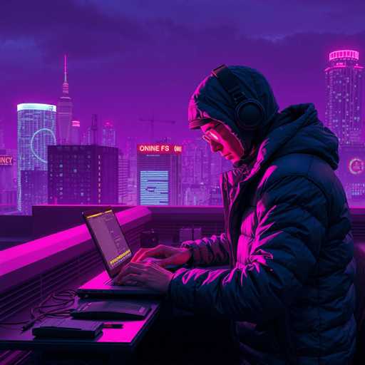 The image depicts a person wearing a hoodie and headphones sitting at a desk with a laptop open on their lap. The background shows a city skyline under a dark sky, suggesting the scene is set in an urban environment.