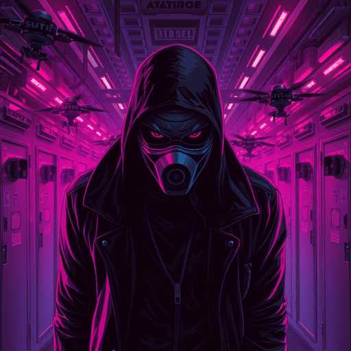 The image depicts a menacing character standing in the center of a dimly lit, metallic hallway. The character is dressed entirely in black, wearing a hooded jacket with a zipper and a gas mask that covers their face, revealing only their glowing red eyes. A long necklace dangles from their neck, adding to their ominous appearance. The hallway is lined with lockers on both sides, each equipped with combination locks, and the ceiling is adorned with fluorescent lights. Above the character, six small drones hover, their wings spread wide. The ceiling also features a sign with the partially visible text "A-T-A-T-I-O-R-E" and another sign with "I-T-O-S-E-L." The overall atmosphere is dark and foreboding, with a color palette dominated by shades of purple, pink, and black.