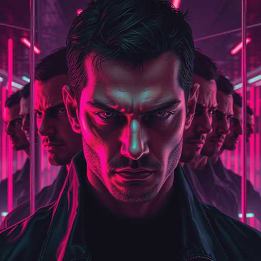 The image depicts a computer-generated, cartoon-like man with short black hair and a serious expression, staring directly at the viewer. He has a five o'clock shadow and is wearing a black leather jacket over a black shirt. The man's face is illuminated by a pink light, casting a pink glow on his features, while the rest of the image is predominantly in black and white. Surrounding him are multiple reflections of his face, creating a mirrored effect that enhances the intensity of his gaze. The background features a pink neon light, adding to the overall dramatic and somewhat eerie atmosphere of the image.