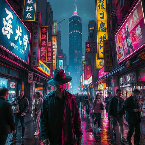 A vibrant, neon-lit street scene in a bustling city. The main subject is a man in a dark trench coat and hat, standing prominently in the foreground with his back to the viewer. The background is filled with a crowded street, illuminated by bright neon signs in various languages and colors. People are walking on the wet pavement, adding to the sense of a lively urban environment. The overall art style is highly stylized and futuristic, with a focus on dramatic lighting and vibrant colors.