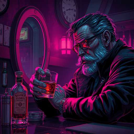 The image depicts a detailed, cartoon-style drawing of an older man with a gray beard and mustache, sitting at a bar. He has black hair streaked with gray and is wearing black glasses. The man is dressed in a black leather jacket and is holding a glass of whiskey in his right hand, with his left hand resting on the bar. The bar itself is black, and to the left of the man, there is a bottle of whiskey labeled "Bleeding Lissel," along with a salt shaker and a shot glass. The background features a pinkish-purple hue, with a round mirror behind the man and a clock on the wall. The setting appears to be a dimly lit bar, with additional details like a bottle of liquor and a canister on the bar. The man is looking off to the left, seemingly deep in thought.