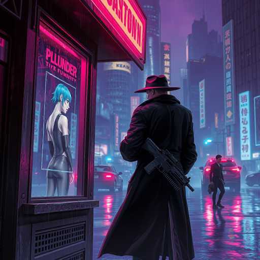 A man wearing a black coat and hat stands on a street corner next to a neon sign that reads "PLUNDER".