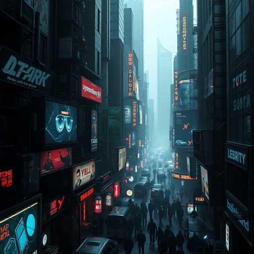 A bustling city street scene, likely set in an Asian metropolis, is captured in this image. The street is flanked by towering buildings adorned with a myriad of neon signs and billboards, creating a vibrant and dynamic atmosphere. The signs are predominantly in Asian script, with some featuring English text, such as "Y-E-L-L-O" and "L-E-B-R-I-T-Y." The scene is teeming with activity, as numerous pedestrians and vehicles navigate the street. The sky above is a light blue, contrasting with the dark, almost black buildings that dominate the skyline. The overall ambiance is one of urban energy and cultural fusion, with the mix of languages and the glowing neon adding to the city's unique character.