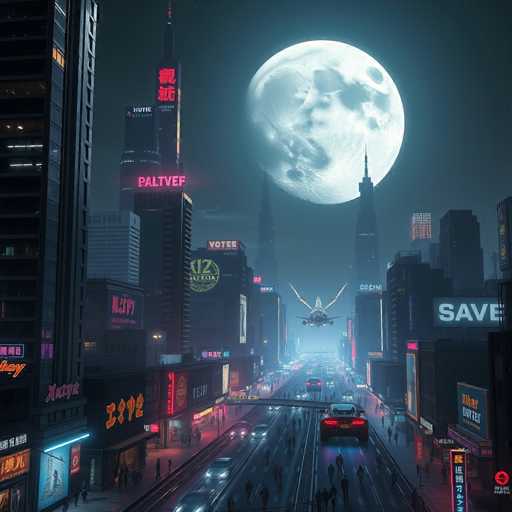 The image depicts a bustling city scene at night with tall buildings and neon signs illuminating the area. A large full moon is visible in the background, casting a soft glow over the cityscape. The perspective of the photo is from ground level, looking down the street towards the horizon where the sky meets the city lights.