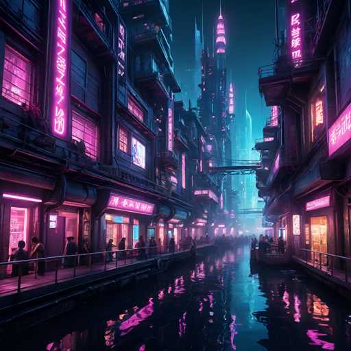 The image depicts a vibrant cityscape at night, with buildings illuminated by neon lights and their reflections dancing on the water below. The perspective is from ground level, looking down the length of the river that runs through the center of the scene. The buildings are predominantly pink and purple in color, creating an urban jungle atmosphere. People can be seen walking along the sidewalks, adding a sense of scale to the image.
