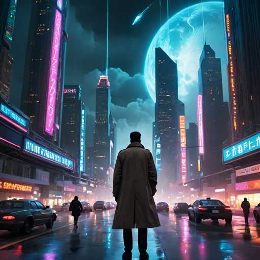 In this captivating image, a man stands in the middle of a bustling city street, his back turned towards the viewer. He is dressed in a long, gray trench coat that extends to his knees, paired with black pants. The street around him is alive with activity, featuring several cars and pedestrians. To the left, a car is parked, while to the right, a man walks along the sidewalk. The street is lined with tall buildings adorned with neon signs, some of which display Chinese characters, adding an international flair to the scene. The sky above is a dramatic mix of dark clouds and a large, glowing moon, with a shooting star streaking across it. The overall atmosphere is one of urban energy and mystery, enhanced by the man's solitary figure amidst the vibrant cityscape.