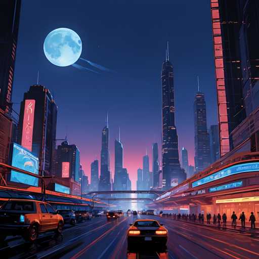 A vibrant, futuristic cityscape under a full moon dominates the scene. Sleek, neon-lit skyscrapers tower above bustling roadways filled with futuristic vehicles. The perspective is a dynamic, slightly low angle, emphasizing the height of the buildings and the depth of the city. The art style is a blend of cyberpunk and retro-futurism, characterized by bold neon colors, sharp lines, and a sense of technological advancement.
