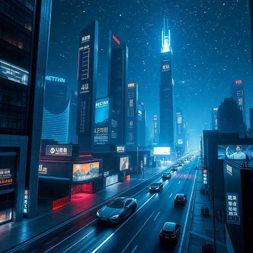 The image depicts a bustling city street at night, with tall buildings and neon signs illuminating the scene. The sky above is dark blue, dotted with stars that cast an ethereal glow on the urban landscape below. Cars are driving along the road, their headlights cutting through the darkness as they navigate the busy thoroughfare. The perspective of the image is from a high vantage point, providing a bird's eye view of the city and its vibrant nightlife.