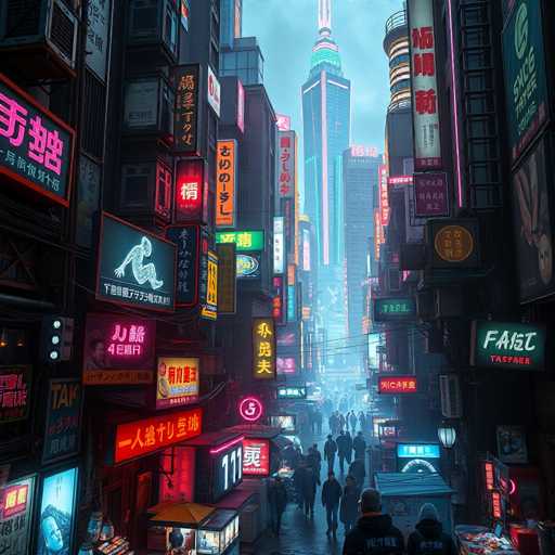 The image depicts a bustling city street at night, with neon signs and advertisements lining the sides of buildings on both sides. The sky overhead is filled with clouds, casting a soft light over the scene below. People can be seen walking along the sidewalks, adding to the lively atmosphere.