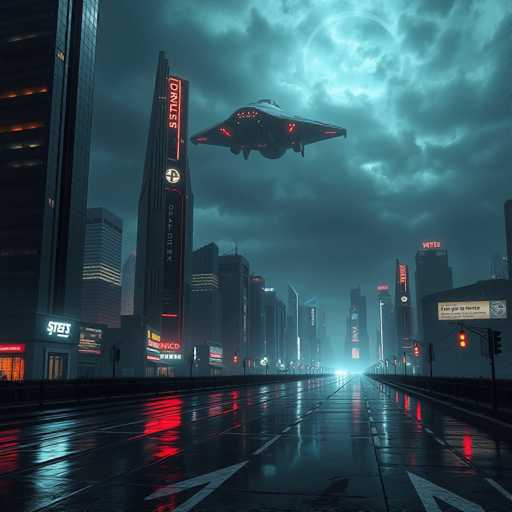 A futuristic, rain-slicked cityscape dominates the view. Towering skyscrapers with neon signs pierce a dark, cloudy sky, illuminated by a pale moon. A sleek, dark aircraft hovers above the street, reflecting in puddles on the wet asphalt. The overall style is a blend of cyberpunk and sci-fi, emphasizing a moody, urban atmosphere with dramatic lighting.