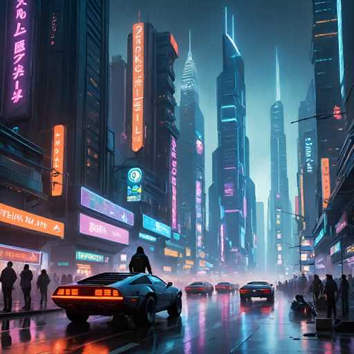 The image depicts a bustling city street at night with neon signs and buildings illuminated by bright lights. The perspective is from the ground looking up towards towering skyscrapers that stretch into the distance. A car is driving down the street, adding to the dynamic atmosphere of the scene.