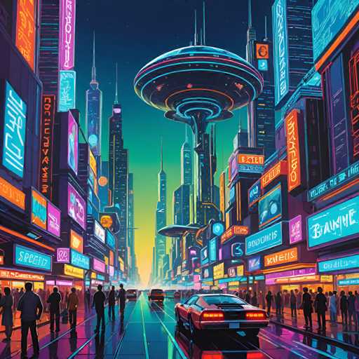 The image depicts a futuristic cityscape at night with neon signs and buildings illuminated by bright lights. The sky above is dark blue, providing a stark contrast to the vibrant city below. A large spaceship can be seen in the distance, adding an element of intrigue to the scene. The perspective of the image is from ground level, looking down the length of the street towards the horizon.