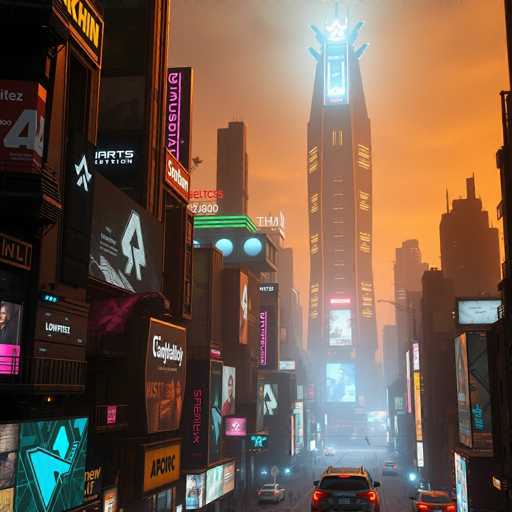The image depicts a bustling city street at night, with tall buildings and neon signs lining the road. The sky above is painted in shades of orange, creating a warm glow that illuminates the scene below. Cars are driving along the street, their headlights piercing through the darkness as they navigate the urban landscape. The perspective of the image is from ground level, looking down towards the towering buildings and the cars on the road.