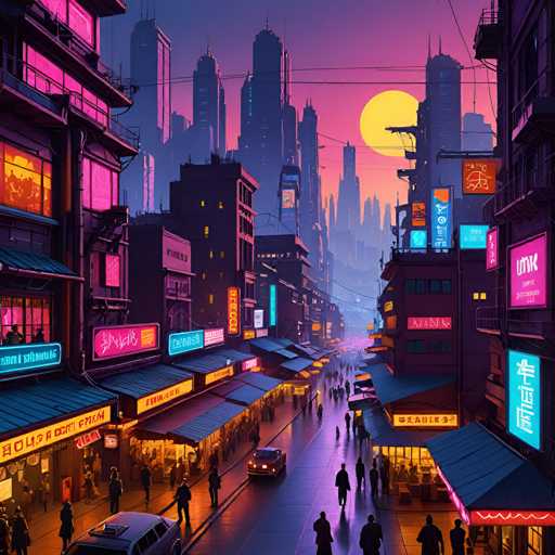 The image depicts a bustling city street at night with tall buildings and neon signs lining the road. The sky is painted in shades of pinkish-orange, creating a warm glow over the scene. People can be seen walking along the sidewalks, adding to the lively atmosphere. Cars are parked on both sides of the street, contributing to the urban feel of the image.