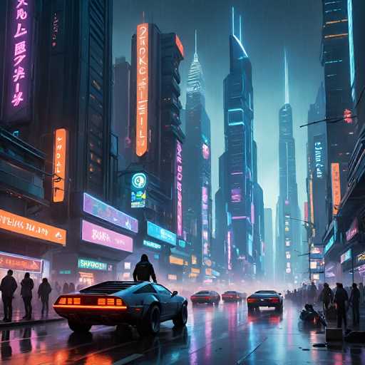 A vibrant, futuristic cityscape bathed in neon lights and rain. A sleek, retro-futuristic car with glowing orange taillights is parked on a wet street in the foreground. Several other futuristic vehicles are visible further down the street, all reflecting the neon lights on the wet pavement. People in stylish cyberpunk clothing are seen walking along the sidewalks, some appearing to be looking at holographic advertisements. The buildings are tall and densely packed, with a mix of neon signs in various languages illuminating the scene. The overall atmosphere is one of a bustling, technologically advanced metropolis at night.