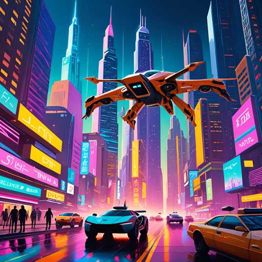 This image portrays a vibrant, futuristic cityscape at night, reminiscent of a cyberpunk version of Times Square. The scene is dominated by towering skyscrapers adorned with neon signs and billboards, some of which display text in an alien language. The wet streets reflect the glow of these neon signs, enhancing the city's dynamic atmosphere. In the foreground, a sleek, blue sports car with a prominent fin on its back leads a convoy of vehicles, including a yellow taxi and other futuristic cars. Above the street, an orange and black drone with four wings hovers, adding to the high-tech ambiance. The overall color palette is a striking mix of blues, purples, pinks, and yellows, creating a visually captivating and immersive urban landscape.