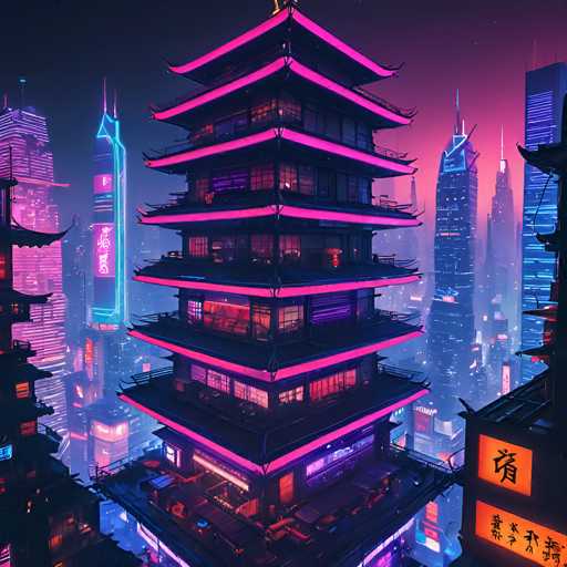 The image depicts a vibrant, futuristic cityscape at night, dominated by a striking central building that resembles a pagoda with six distinct levels. This pagoda-like structure is adorned with neon pink and purple lights that outline each level, creating a vivid contrast against the dark, almost black background. The building's windows are illuminated in shades of pink and purple, adding to the ethereal glow. Surrounding this central edifice are numerous skyscrapers, some of which feature neon signs with Asian characters, suggesting an urban setting in an Asian country. The sky above transitions from a deep black at the top to a pinkish hue near the horizon, enhancing the otherworldly atmosphere. The entire scene is bathed in a spectrum of neon colors—pink, purple, blue, and orange—giving it a surreal, almost dreamlike quality.