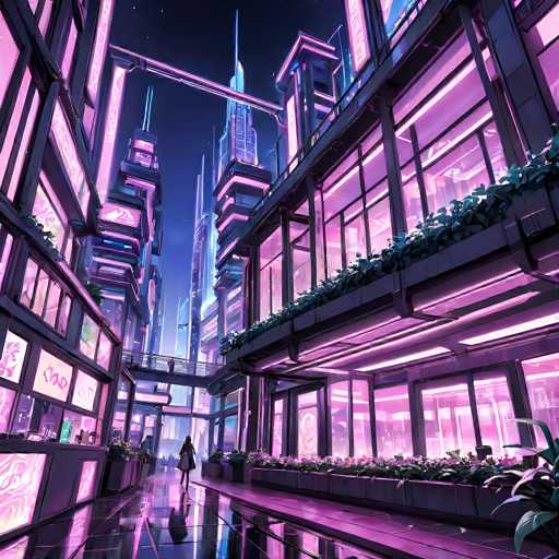 The image depicts a futuristic cityscape at night, characterized by towering skyscrapers that stretch into the dark sky. The buildings are adorned with vibrant neon lights, predominantly in shades of pink and purple, which illuminate the windows and streets below. The scene is set on a wet street, reflecting the neon glow and adding a shimmering effect to the environment. A woman, dressed in a white coat and black skirt, walks along the street, her figure slightly blurred, suggesting motion. She is surrounded by lush greenery, with plants growing from the balconies of nearby buildings and lining the street. The overall atmosphere is one of a bustling, high-tech metropolis with a distinct cyberpunk aesthetic.