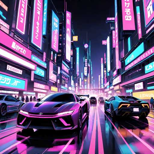 The image depicts a vibrant city street at night with neon signs and cars driving down the road. The buildings lining the street have large windows that reflect the bright lights of the city. There are three cars visible in the scene - one black car on the left side, another blue car in the center, and a purple car on the right side. The sky above is dark, providing a stark contrast to the illuminated cityscape below.