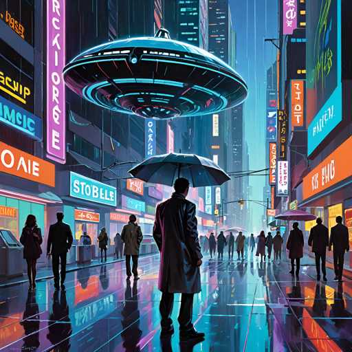 The image depicts a bustling futuristic city street, reminiscent of a cyberpunk setting. Dominating the scene is a large, circular UFO-like spaceship hovering above the street, emitting a blue glow. The street below is lined with tall buildings adorned with neon signs in various colors, including orange, blue, and pink, featuring both English and Asian characters. The wet pavement reflects the vibrant lights, suggesting recent rainfall. In the foreground, a man in a long trench coat stands with his back to the viewer, holding a black umbrella. Surrounding him are numerous pedestrians, some also carrying umbrellas, navigating the busy sidewalks and streets. The overall atmosphere is dark and moody, with the neon signs providing stark contrasts against the night sky.