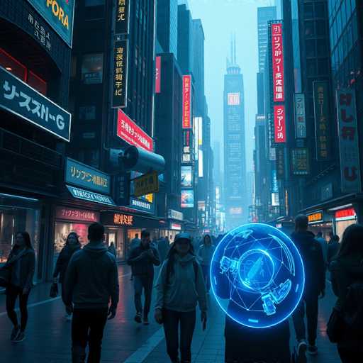 The image depicts a bustling city street at night with numerous people walking along the sidewalk and crossing the street. The buildings lining the street are adorned with large neon signs that illuminate the scene. A blue glowing orb is positioned in the center of the frame, drawing attention to itself amidst the urban landscape.