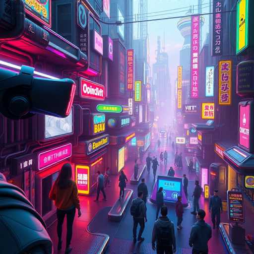 The image depicts a bustling city street at night with neon signs and buildings illuminated by bright lights. The perspective is from ground level, looking down the length of the street where numerous people can be seen walking along the sidewalks or standing on the streets. The colors in the photo are predominantly pink, blue, and yellow, creating a vibrant and lively atmosphere.