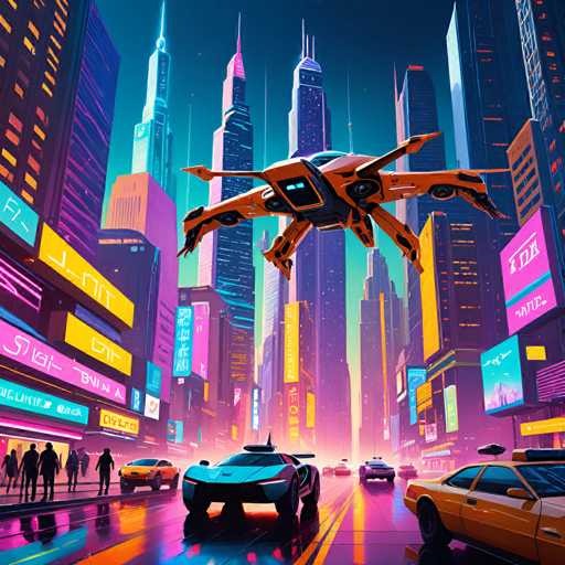 The image depicts a futuristic cityscape with tall buildings and neon signs illuminating the scene. A yellow car is driving down the street, while a blue helicopter floats above it. The sky is filled with bright colors from the neon lights, creating an otherworldly atmosphere.