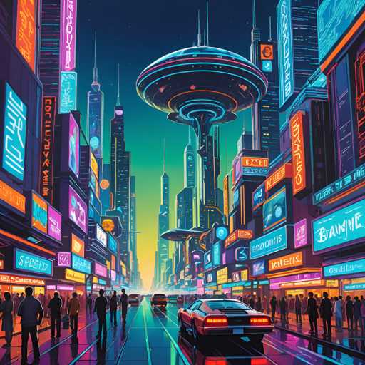 This image depicts a vibrant, futuristic cityscape at night, reminiscent of a cyberpunk or dystopian setting. The scene is dominated by towering skyscrapers adorned with neon signs and billboards, some of which display text in an alien language. The sky transitions from a deep blue at the top to a lighter blue and then to a yellow hue near the horizon, suggesting a sunset or sunrise. 

In the foreground, a sleek, red sports car with glowing taillights is parked on a shiny, reflective road that stretches into the distance. The road is flanked by sidewalks filled with people, all facing away from the viewer, seemingly engrossed in the illuminated storefronts and advertisements. The overall atmosphere is bustling and dynamic, with the neon lights and futuristic architecture creating a captivating, otherworldly ambiance.