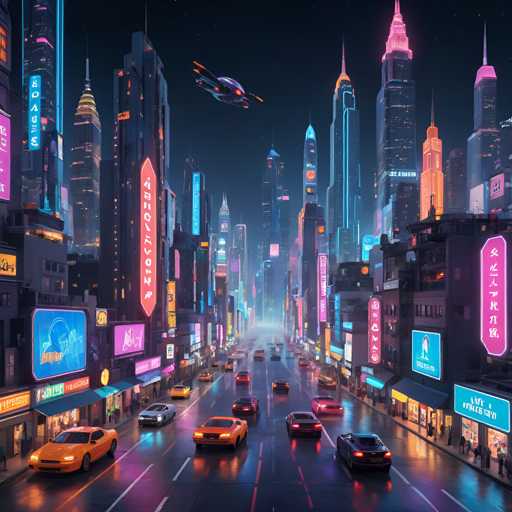 This image depicts a vibrant, futuristic cityscape at night, reminiscent of a cyberpunk version of New York City. The scene is dominated by towering skyscrapers adorned with neon signs and billboards, some of which display Asian characters, suggesting an urban setting in an Asian metropolis. The sky is a deep blue, dotted with stars, and features a purple UFO-like craft hovering above the city. The street below is bustling with traffic, including yellow cabs and other vehicles, all moving towards the viewer. The wet pavement reflects the bright lights, adding to the dynamic and energetic atmosphere of the scene.