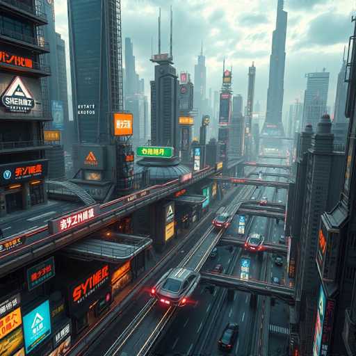 A sprawling, neon-lit cyberpunk cityscape dominates the image. Towering skyscrapers pierce a cloudy sky, interconnected by elevated roadways bustling with futuristic vehicles. Bright holographic advertisements and glowing signs adorn the buildings, creating a vibrant, densely populated urban environment with a distinctly retro-futuristic aesthetic. The overall style is highly detailed and atmospheric, emphasizing depth and technological density.